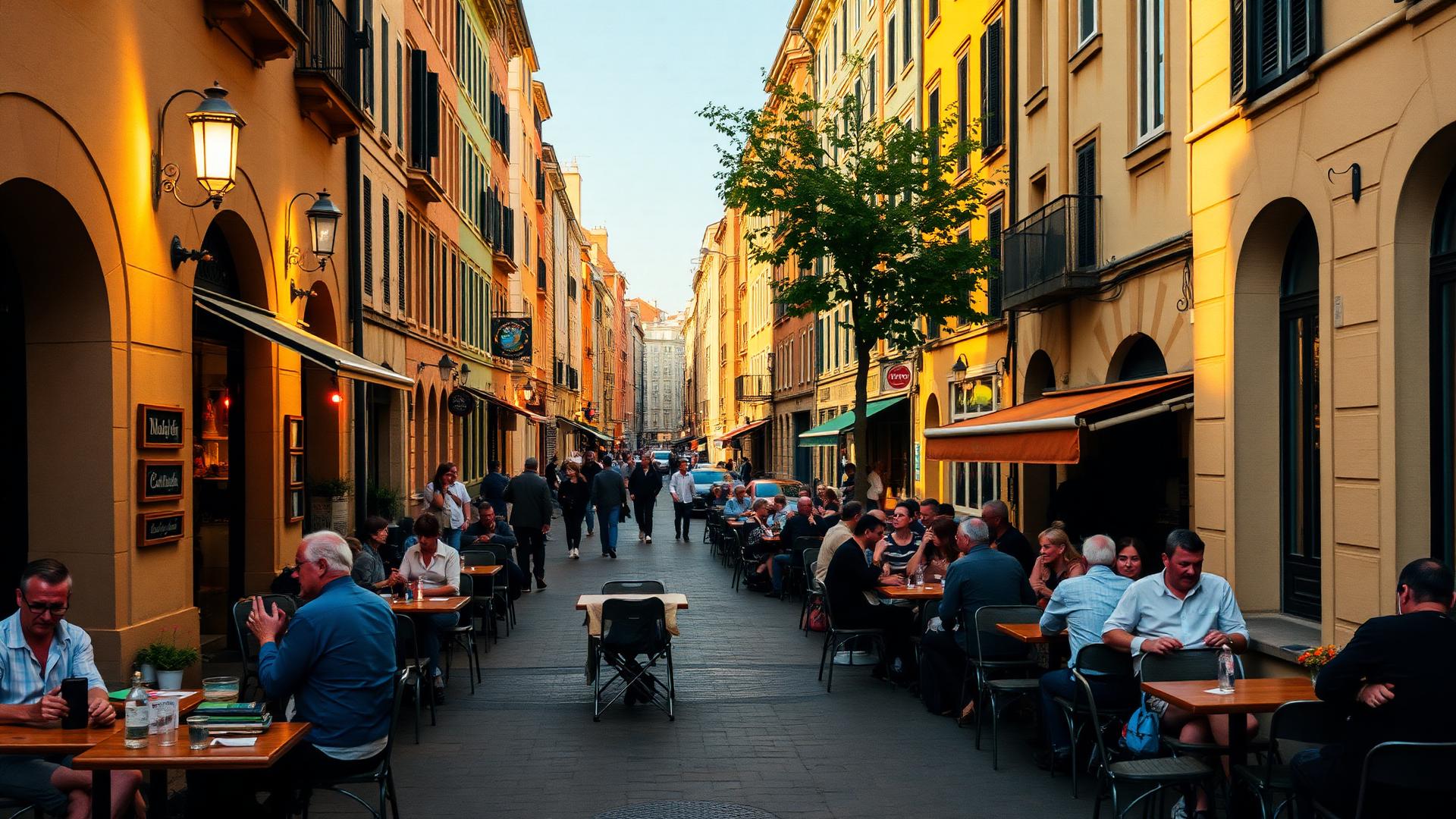 Belebte Straße mit Cafés und Menschen an Außentischen im Abendlicht