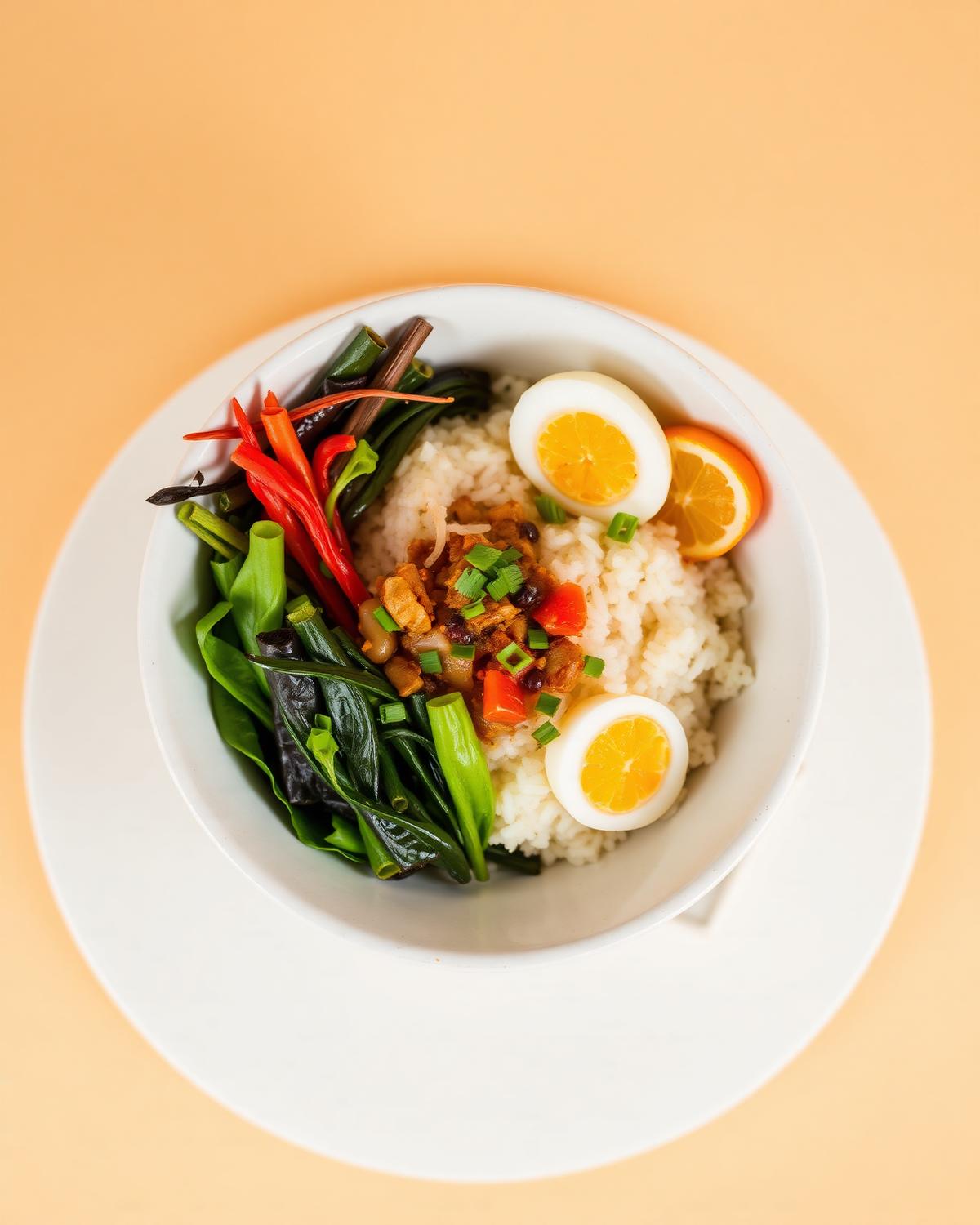 Koreanische Reisbowl mit Gemüse von oben fotografiert