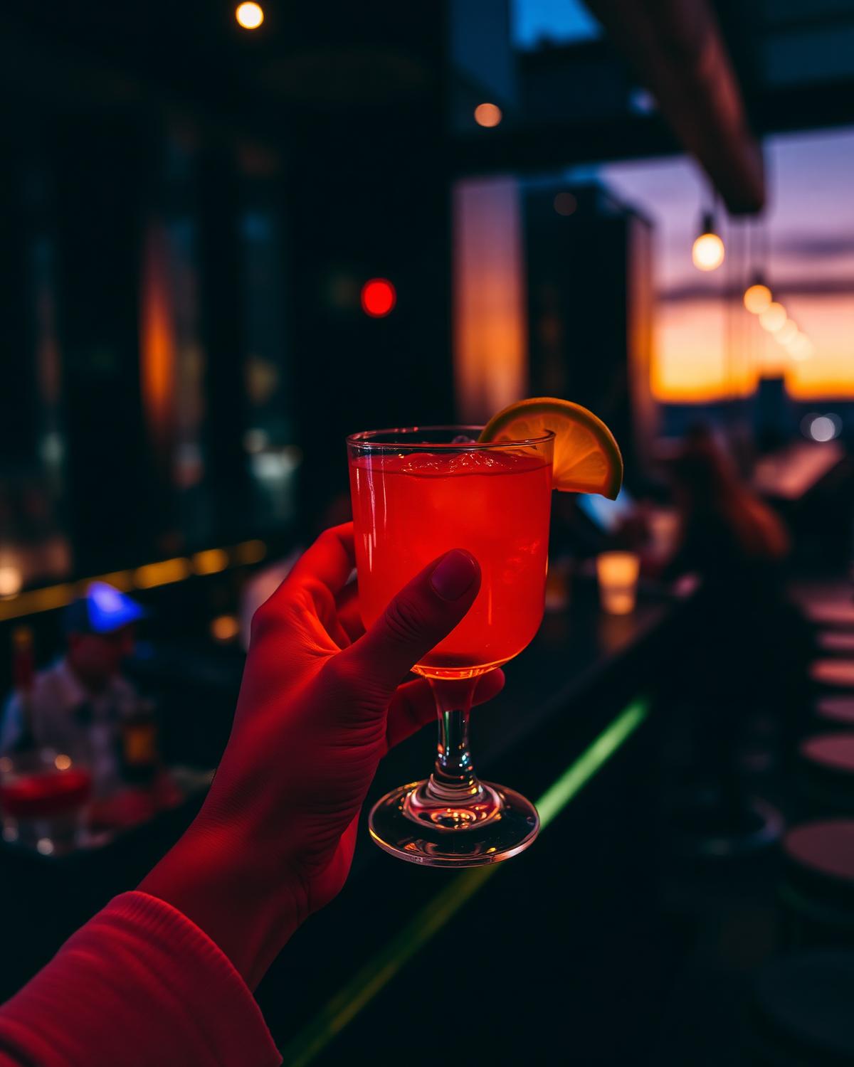 Hand hält einen Cocktail in einer Bar am Abend